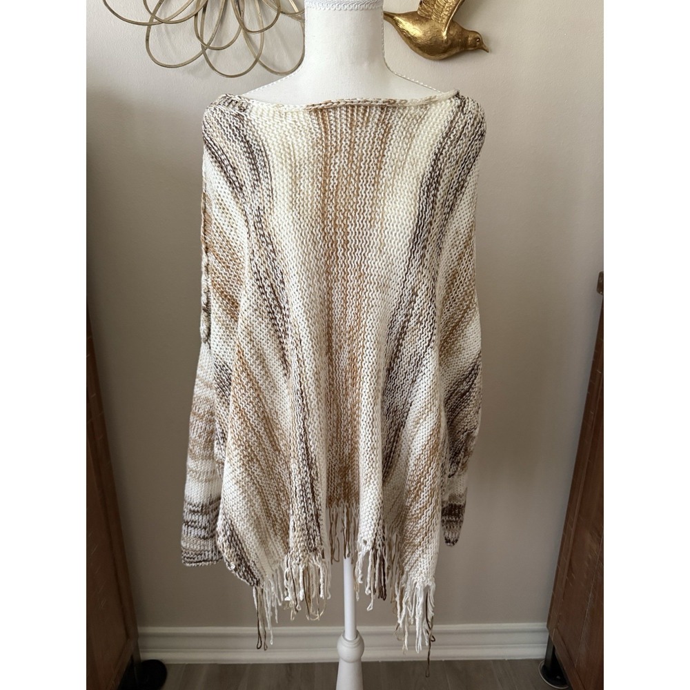 Laurie Felt Baja Sweater with Fringe Hem Detail Brown Tan Combo Size M/L Boho